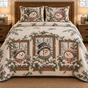 AI mockup, front bedroom view of a snowman quilt with snowmen in wooden windows with snowy pine window boxes and two matching printed pillow covers.