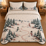AI mockup, high overhead bedroom view of a snowman quilt with snowmen along a snowy forest footprint trail and two matching printed pillow covers.