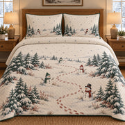 AI mockup, front bedroom view of a snowman quilt with snowmen along a snowy forest footprint trail and two matching printed pillow covers.