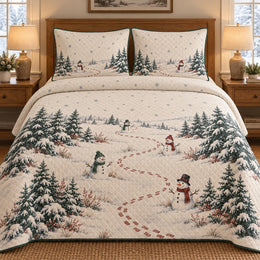 Snowman Quilt Set, Forest Trail, Winter Bedroom Decor, Gift for Snowman Lovers