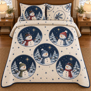 AI mockup, high overhead bedroom view of a snowman quilt with snowmen in circular starry winter scenes and two matching printed pillow covers.