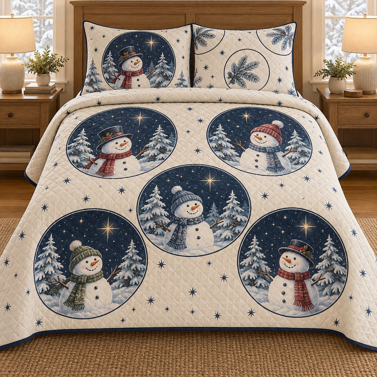 AI mockup, front bedroom view of a snowman quilt with snowmen in circular starry winter scenes and two matching printed pillow covers.