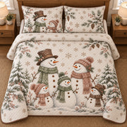 AI mockup, high overhead bedroom view of a snowman quilt with snowman family portraits and snowy evergreens and two matching printed pillow covers.