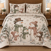 AI mockup, front bedroom view of a snowman quilt with snowman family portraits and snowy evergreens and two matching printed pillow covers.