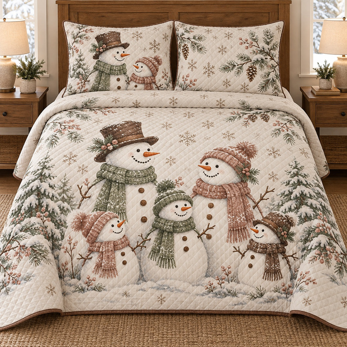 AI mockup, front bedroom view of a snowman quilt with snowman family portraits and snowy evergreens and two matching printed pillow covers.