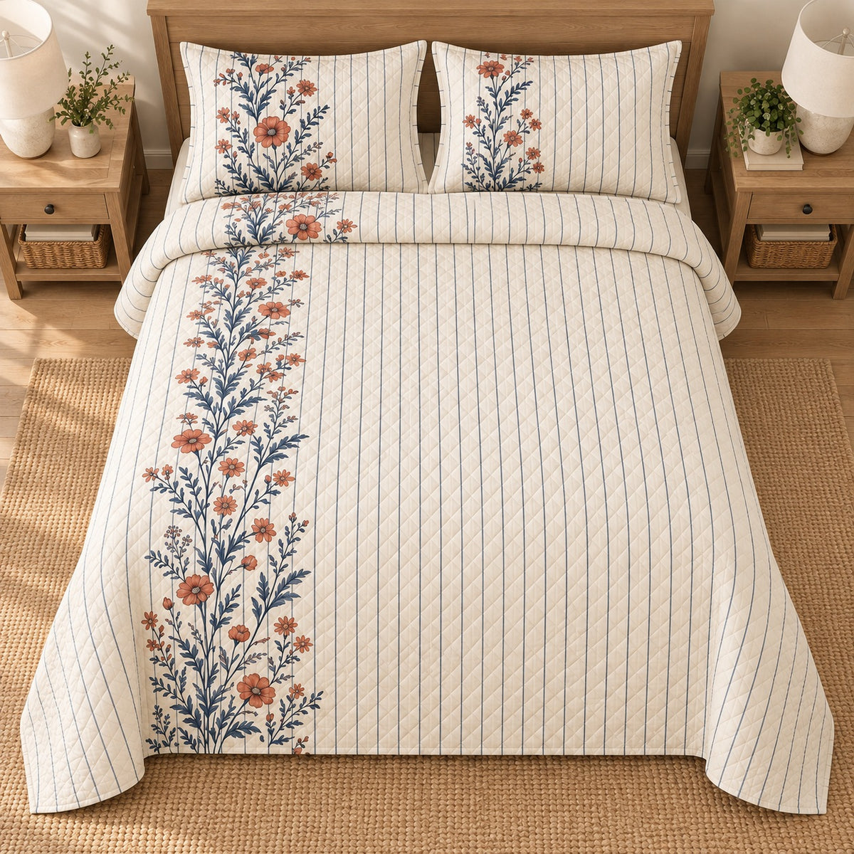 AI mockup, high overhead bedroom view of a farmhouse quilt with wildflowers and blue ticking stripes and two matching printed pillow shams.