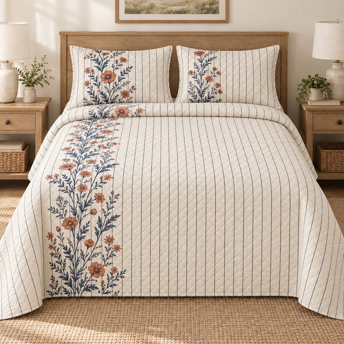 AI mockup, front bedroom view of a farmhouse quilt with wildflowers and blue ticking stripes and two matching printed pillow shams.