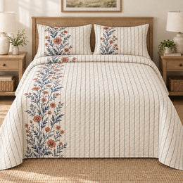 Farmhouse Quilt Set, Wildflowers and Ticking Stripes, Country Decor, Gift for Flower Lovers