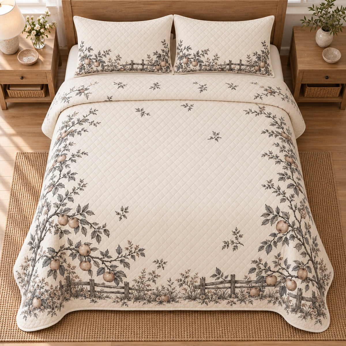 AI mockup, high overhead bedroom view of a farmhouse quilt with country orchard branches and rustic fence border and two matching printed pillow shams.