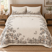 AI mockup, front bedroom view of a farmhouse quilt with country orchard branches and rustic fence border and two matching printed pillow shams.