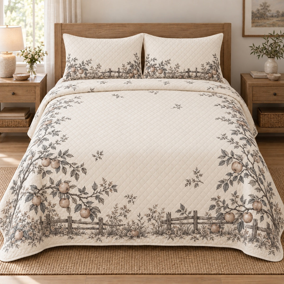 AI mockup, front bedroom view of a farmhouse quilt with country orchard branches and rustic fence border and two matching printed pillow shams.