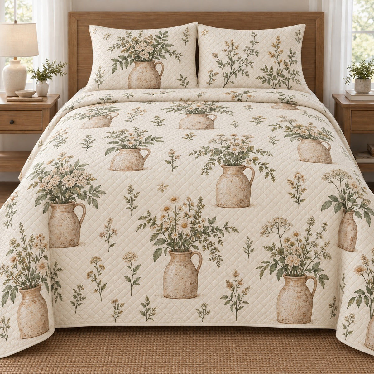 AI mockup, front bedroom view of a farmhouse quilt with milk jugs filled with wildflowers and two matching printed pillow shams.