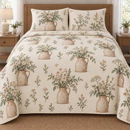 Farmhouse Quilt Set, Milk Jug Botanicals, Cream Country Bedroom Decor, Gift for Flower Lovers