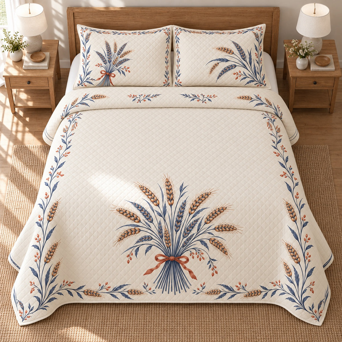 AI mockup, high overhead bedroom view of a farmhouse quilt with wheat sheaf medallion and blue botanical border and two matching printed pillow shams.