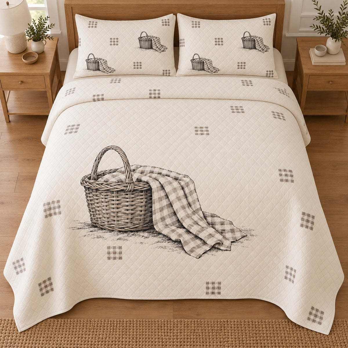 AI mockup, high overhead bedroom view of a farmhouse quilt with woven basket still life print and gingham accents and two matching printed pillow shams.