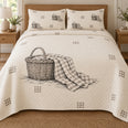 Farmhouse Quilt Set, Woven Basket Print, Neutral Bedroom Decor, Gift for Rustic Decor Lovers