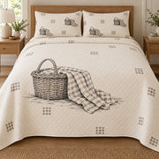 AI mockup, front bedroom view of a farmhouse quilt with woven basket still life print and gingham accents and two matching printed pillow shams.
