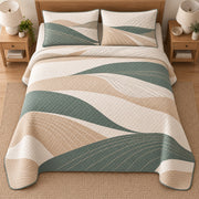 AI mockup, high overhead bedroom view of a farmhouse quilt with sage and beige rolling field stripes and two matching printed pillow shams.