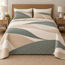 Farmhouse Quilt Set, Rolling Field Stripes, Sage Neutral Bedroom Decor, Gift for Nature Lovers