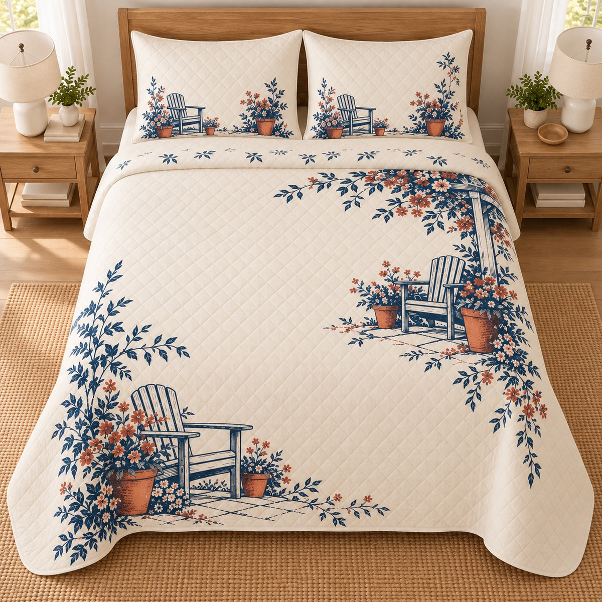 AI mockup, high overhead bedroom view of a farmhouse quilt with porch chairs and flowerpot garden corners and two matching printed pillow shams.