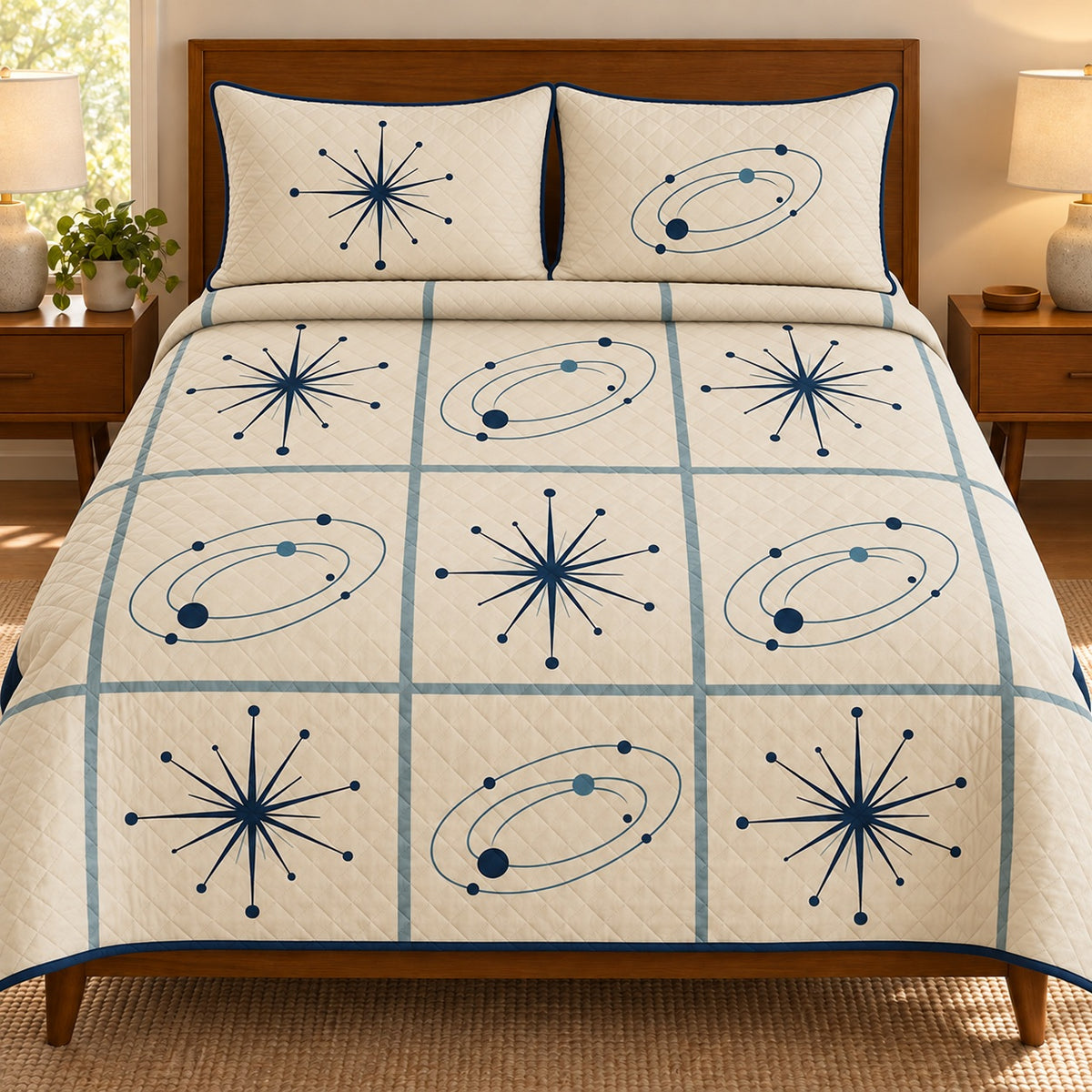 AI mockup, front bedroom view of a mid century modern quilt with navy starbursts and blue orbital shapes in a cream grid and two matching printed pillow covers.