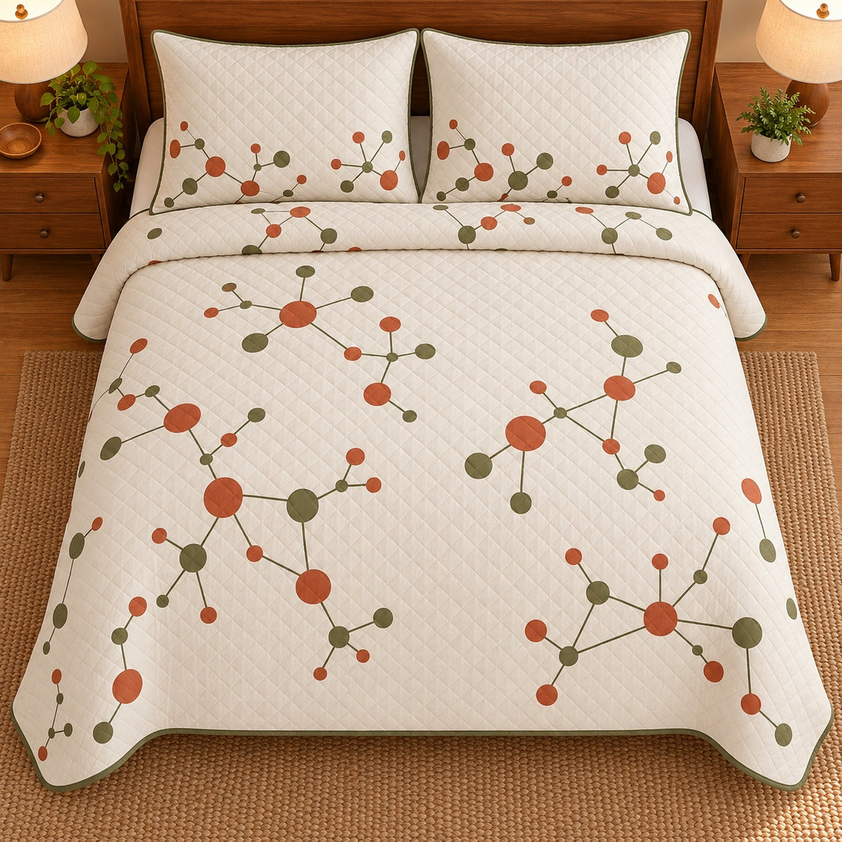 AI mockup, high overhead bedroom view of a mid century modern quilt with terracotta and olive dots linked by fine lines across cream and two matching printed pillow covers.