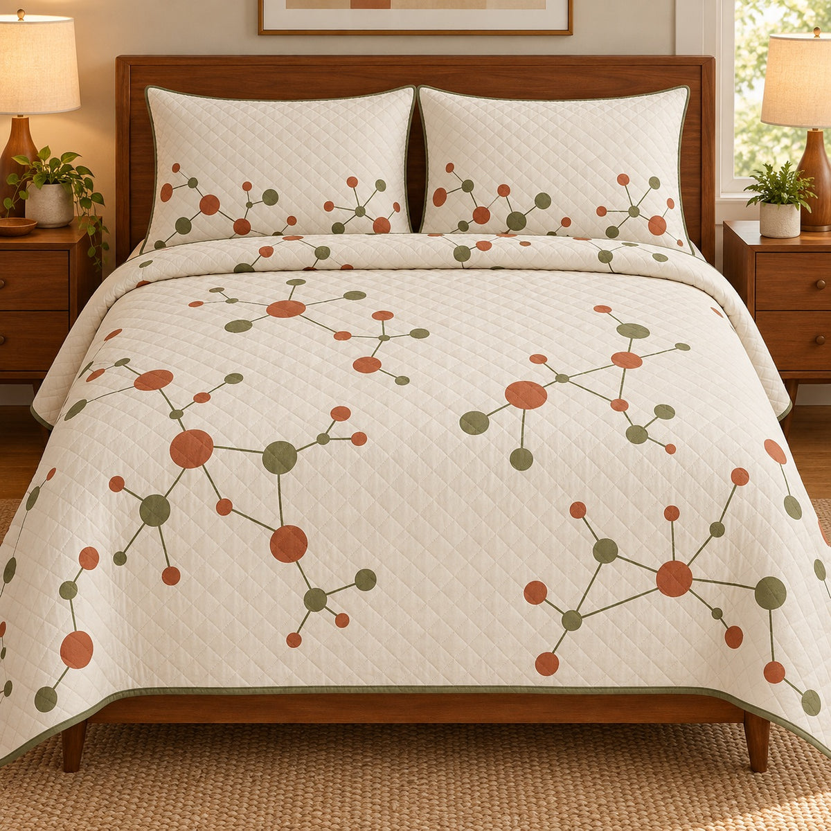 AI mockup, front bedroom view of a mid century modern quilt with terracotta and olive dots linked by fine lines across cream and two matching printed pillow covers.