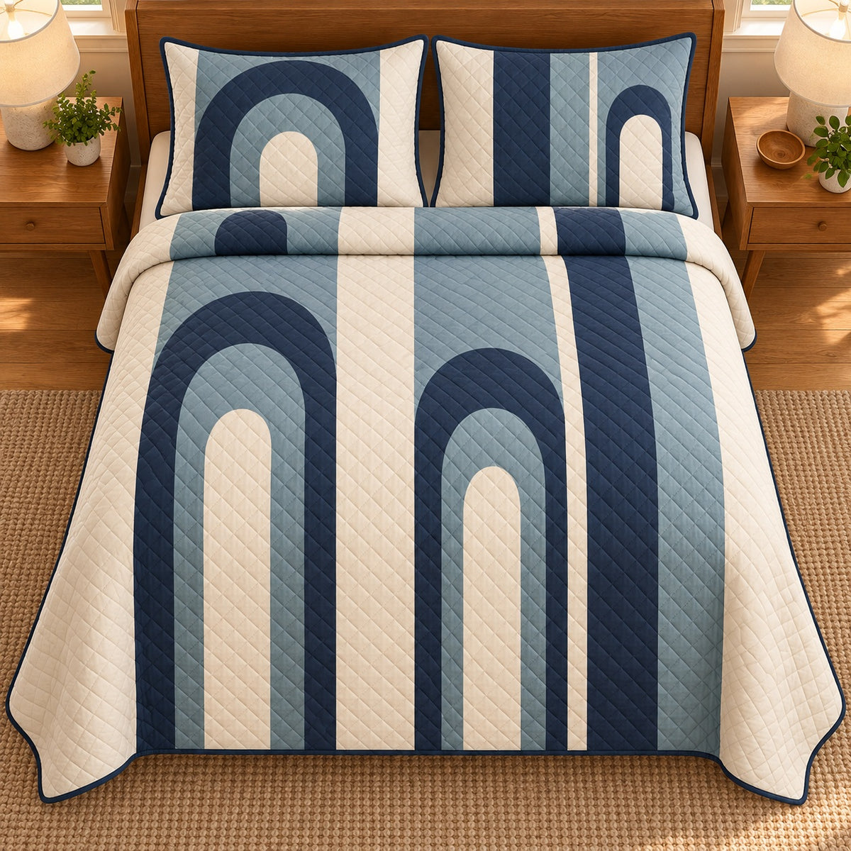 AI mockup, high overhead bedroom view of a mid century modern quilt with navy and muted blue nested arches arranged in vertical cream columns and two matching printed pillow covers.