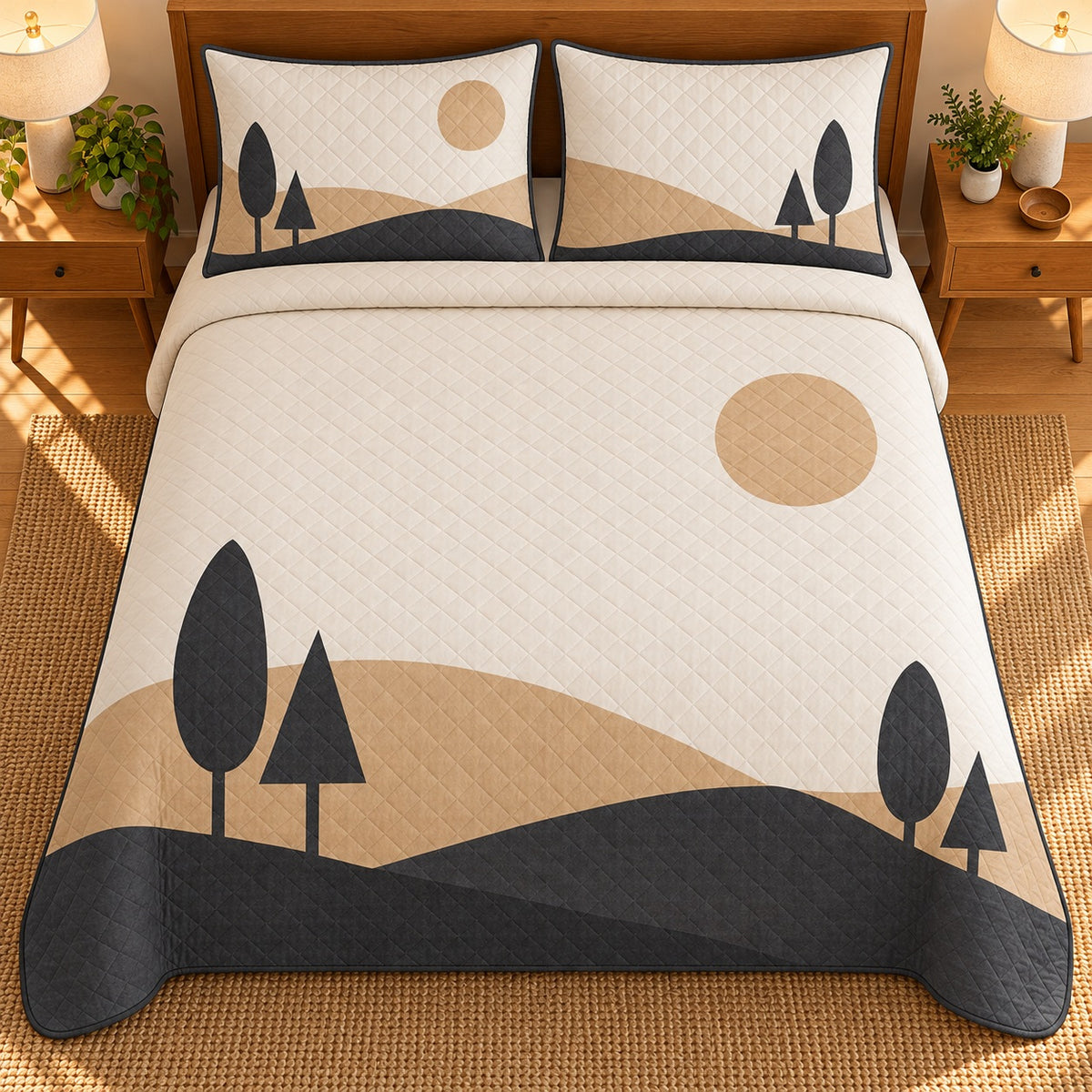 AI mockup, high overhead bedroom view of a mid century modern quilt with tan and charcoal geometric hills, a round sun and stylized trees on cream and two matching printed pillow covers.