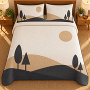 AI mockup, high overhead bedroom view of a mid century modern quilt with tan and charcoal geometric hills, a round sun and stylized trees on cream and two matching printed pillow covers.