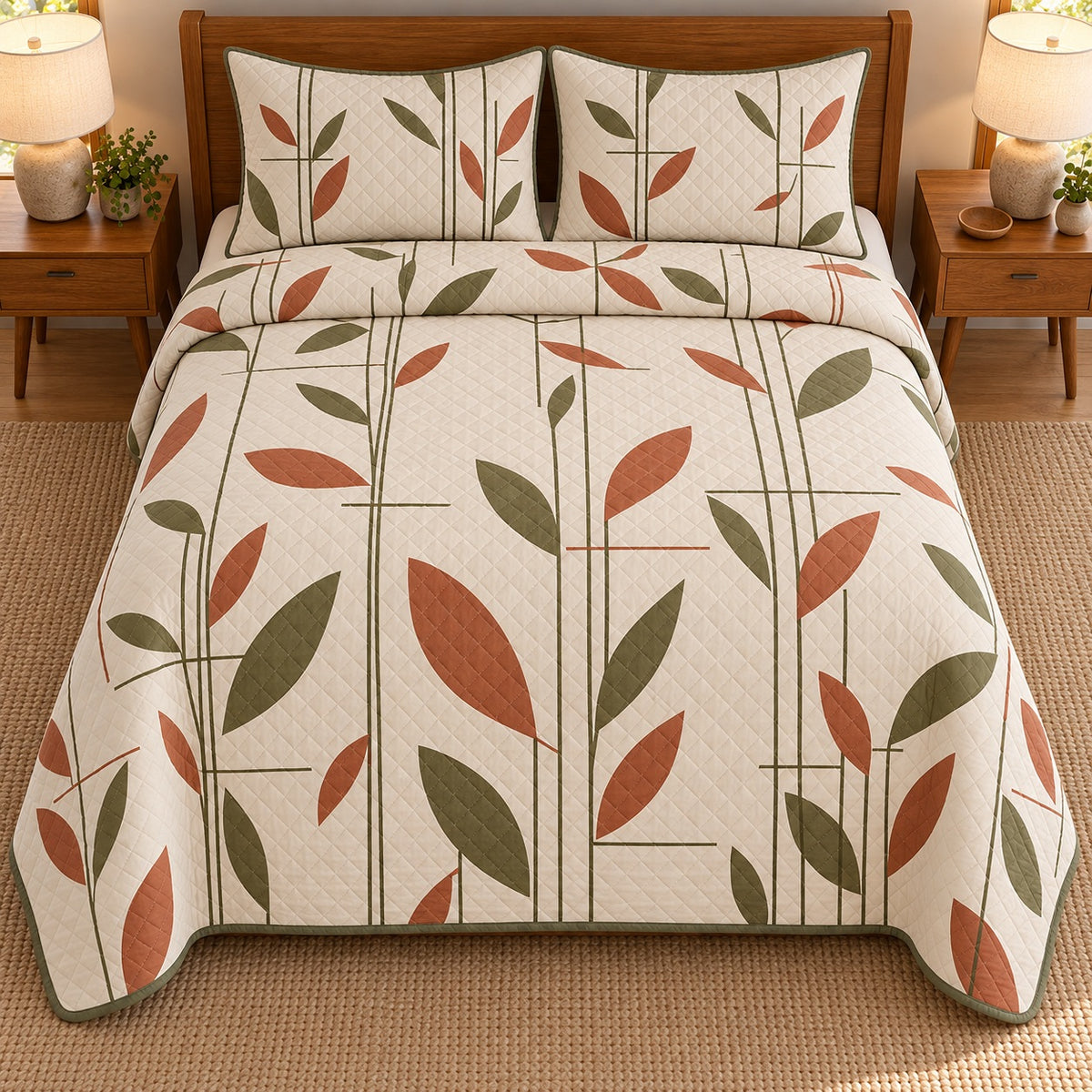 AI mockup, high overhead bedroom view of a mid century modern quilt with terracotta and olive abstract leaves interlaced with fine vertical stems on cream and two matching printed pillow covers.