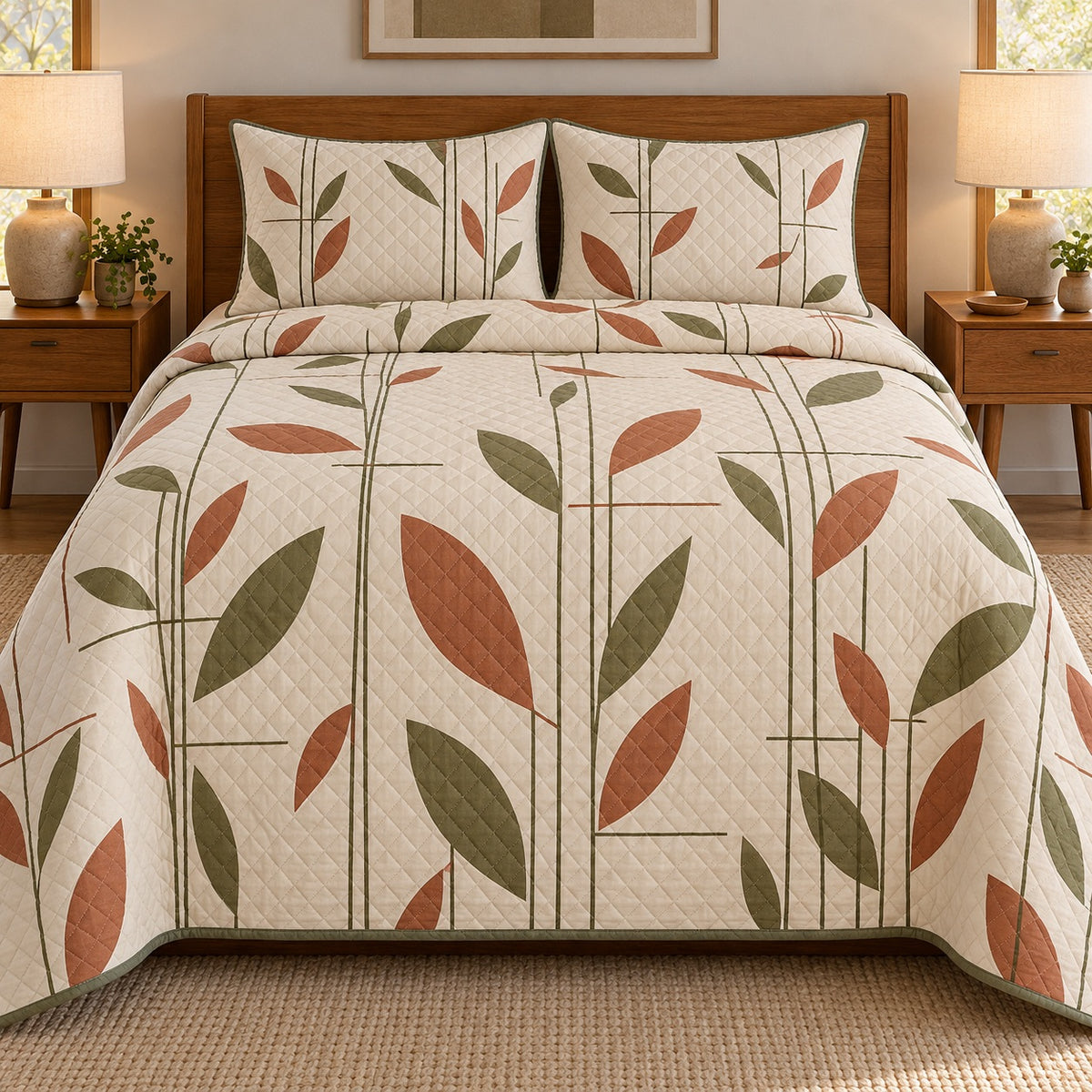 AI mockup, front bedroom view of a mid century modern quilt with terracotta and olive abstract leaves interlaced with fine vertical stems on cream and two matching printed pillow covers.