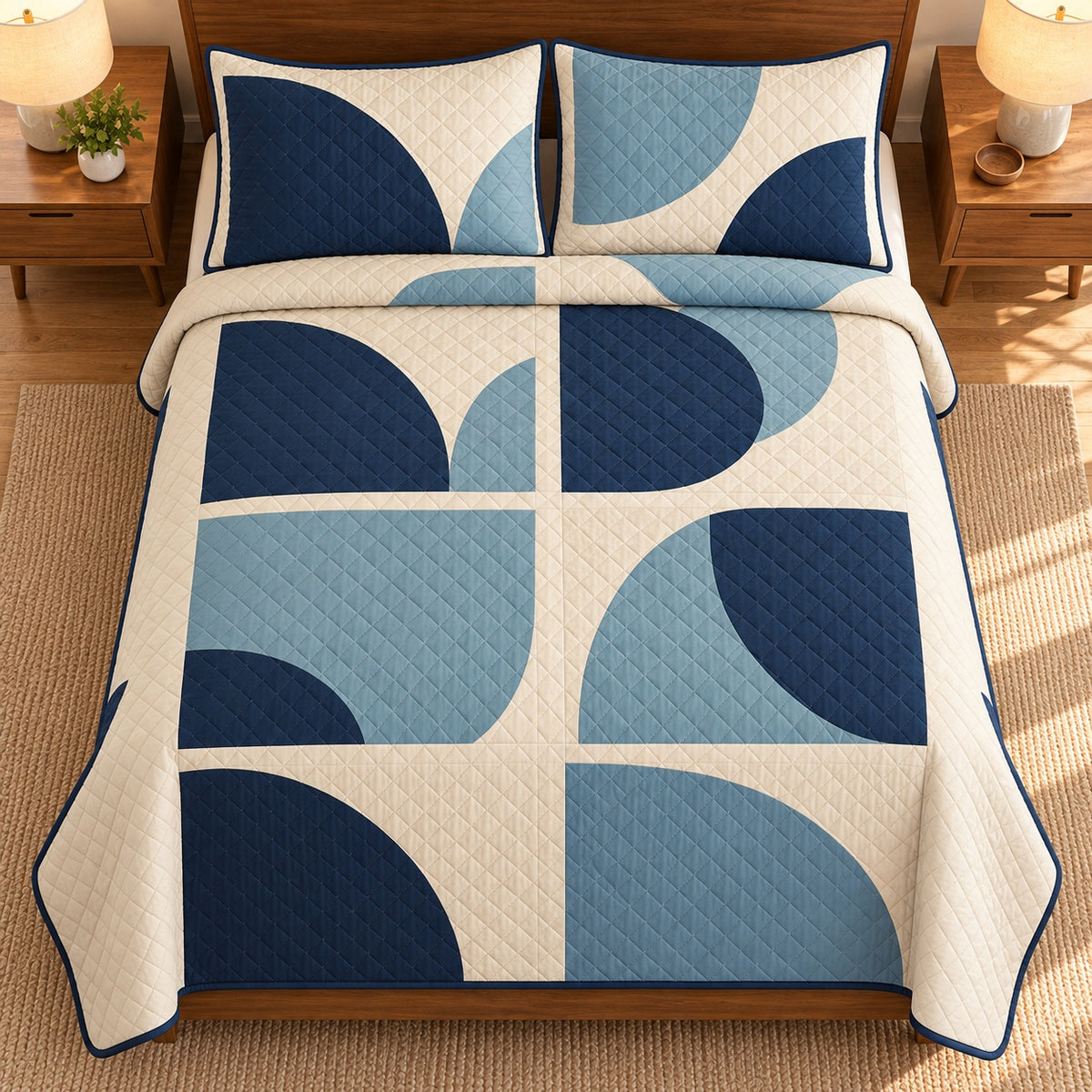 AI mockup, high overhead bedroom view of a mid century modern quilt with navy and muted blue offset circular forms in six cream panels and two matching printed pillow covers.