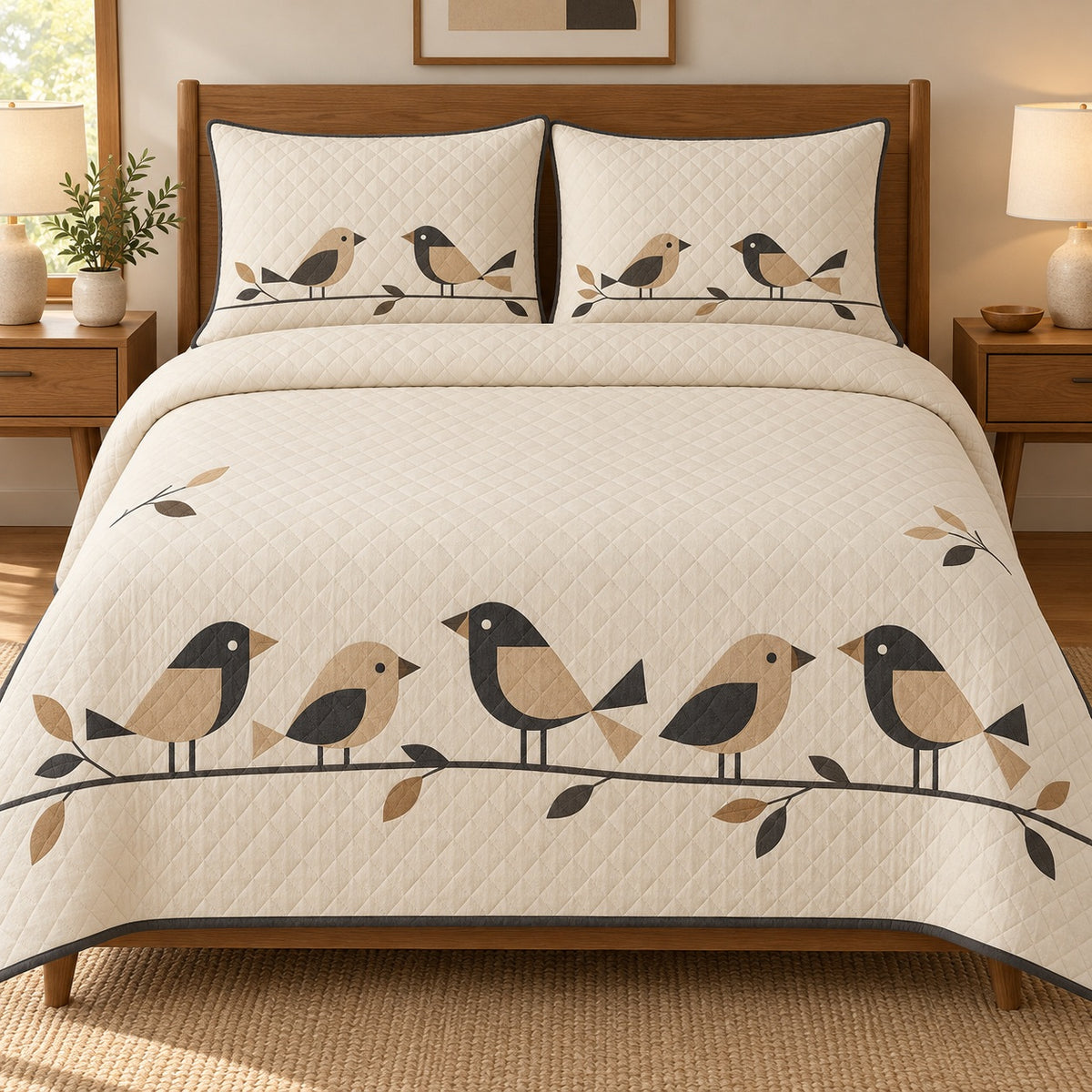 AI mockup, front bedroom view of a mid century modern quilt with five tan and charcoal geometric birds perched along a leafy branch on cream and two matching printed pillow covers.