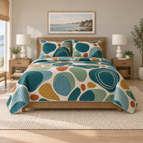 Abstract Tide Pools Coastal Quilt Set, front coastal bedroom view