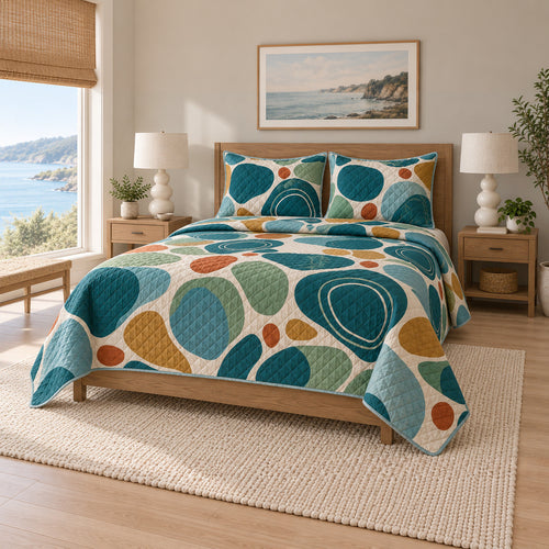 Abstract Tide Pools Coastal Quilt Set, angled coastal bedroom view