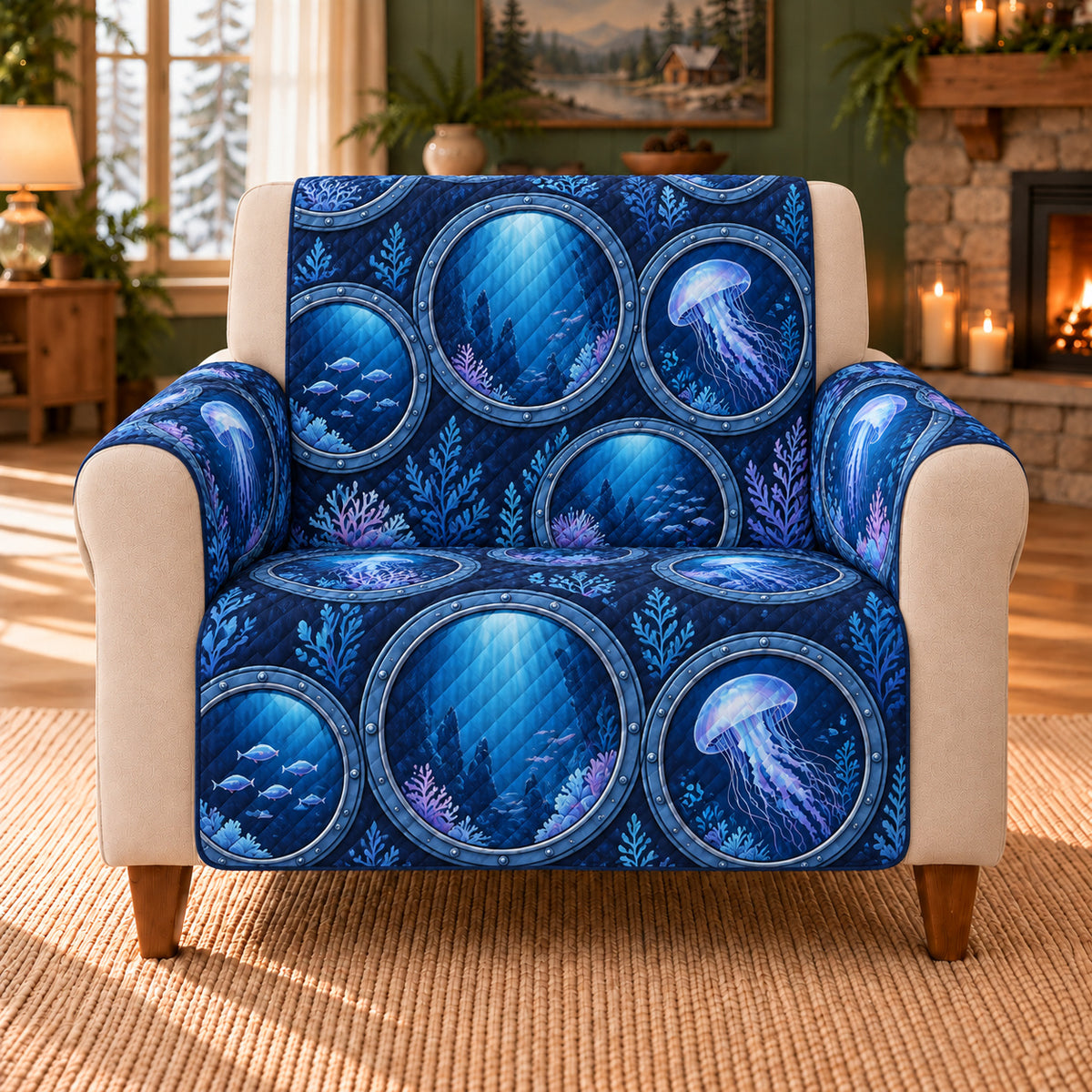 Abyssal Window Tiles sofa cover on a beige armchair
