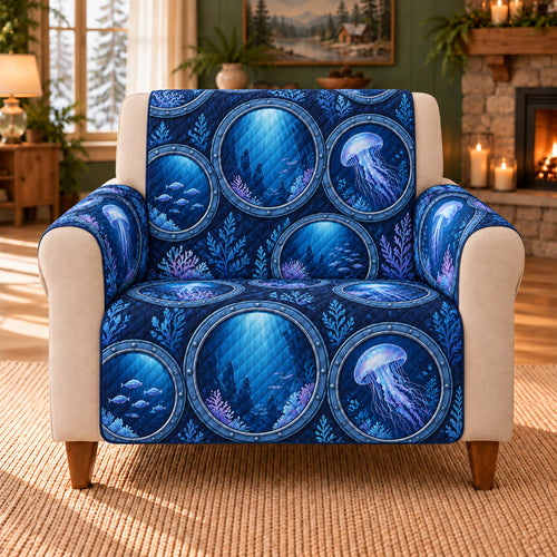 Abyssal Window Tiles sofa cover on a beige armchair