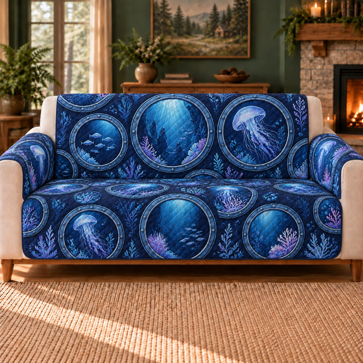 Abyssal Window Tiles sofa cover on a beige sofa