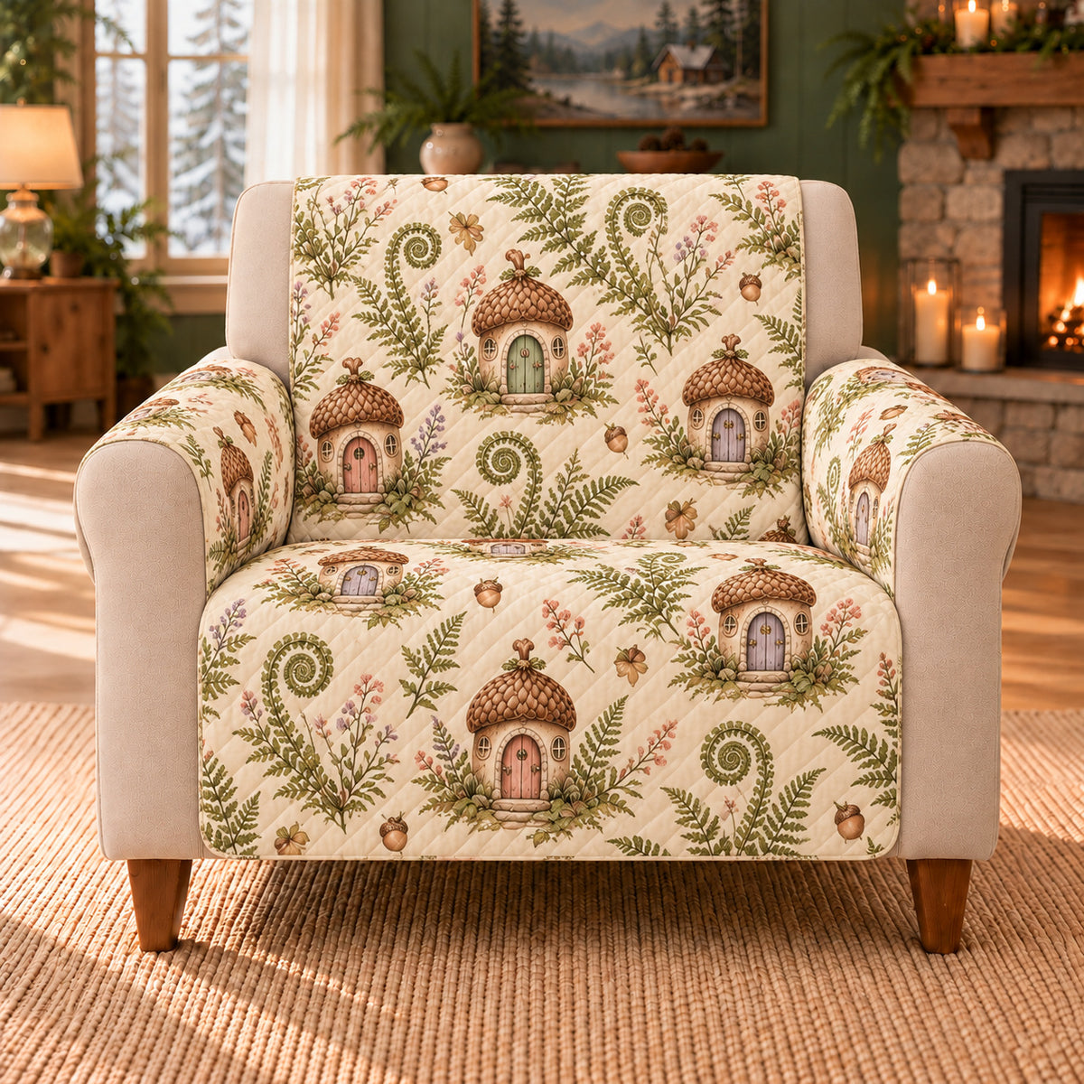 Acorn Door Repeat sofa cover on a beige armchair