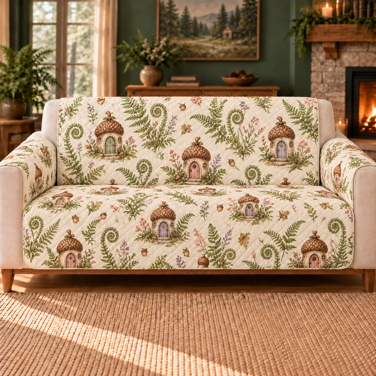 Acorn Door Repeat sofa cover on a beige sofa