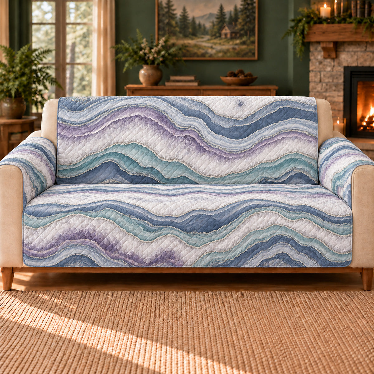 Agate Stream Repeat sofa cover on a beige sofa