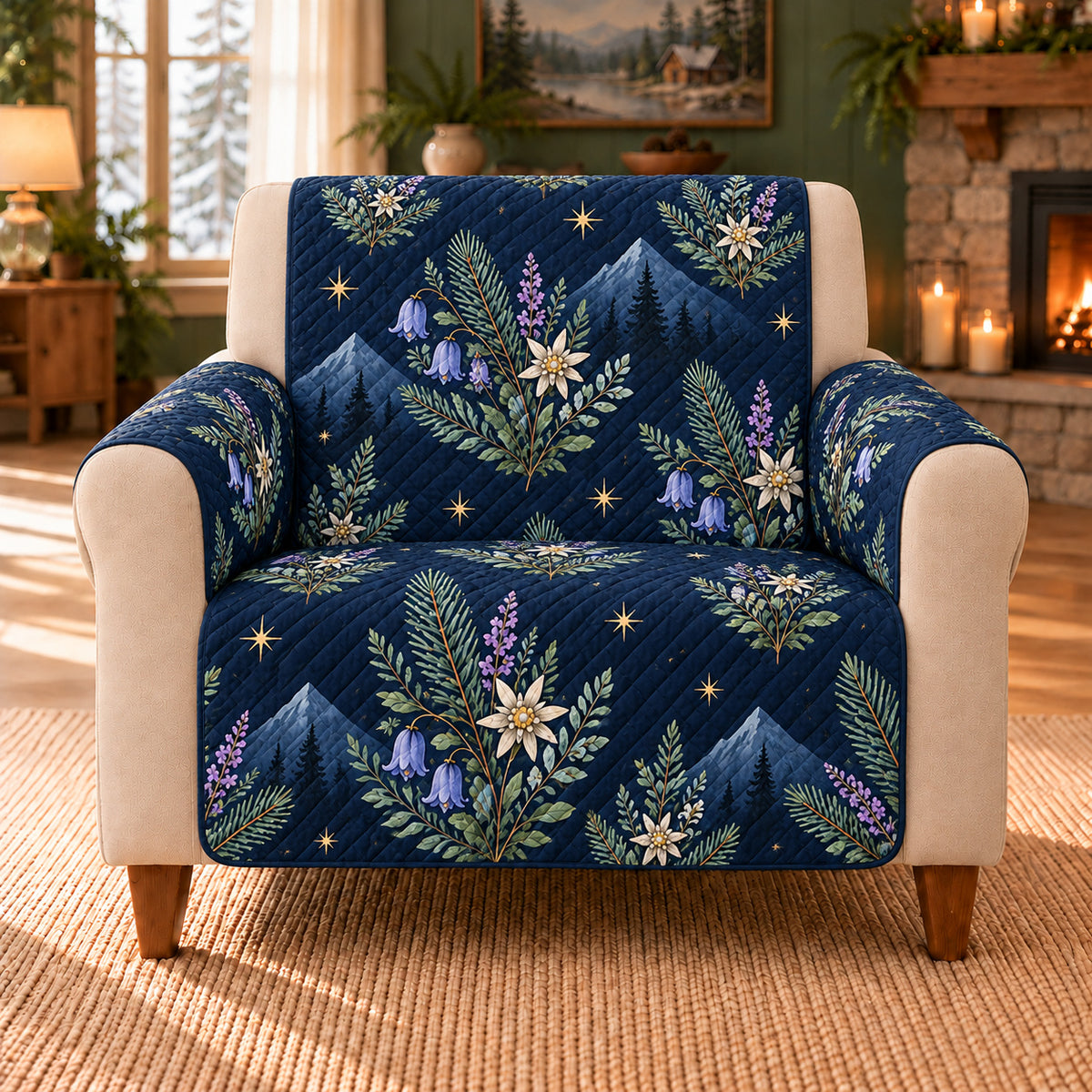 Alpine Night Sprigs sofa cover on a beige armchair