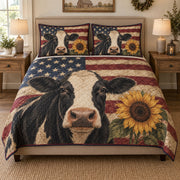 American Cow Sunflower Patriotic quilt design with coordinating pillow shams