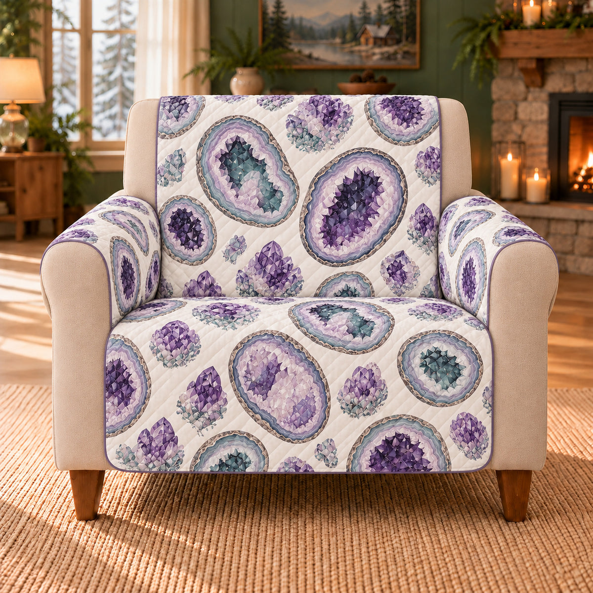 Amethyst Geode Ovals sofa cover on a beige armchair