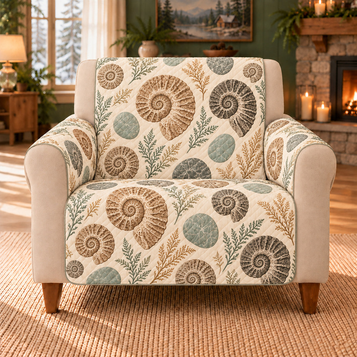 Ammonite Spiral Repeat sofa cover on a beige armchair