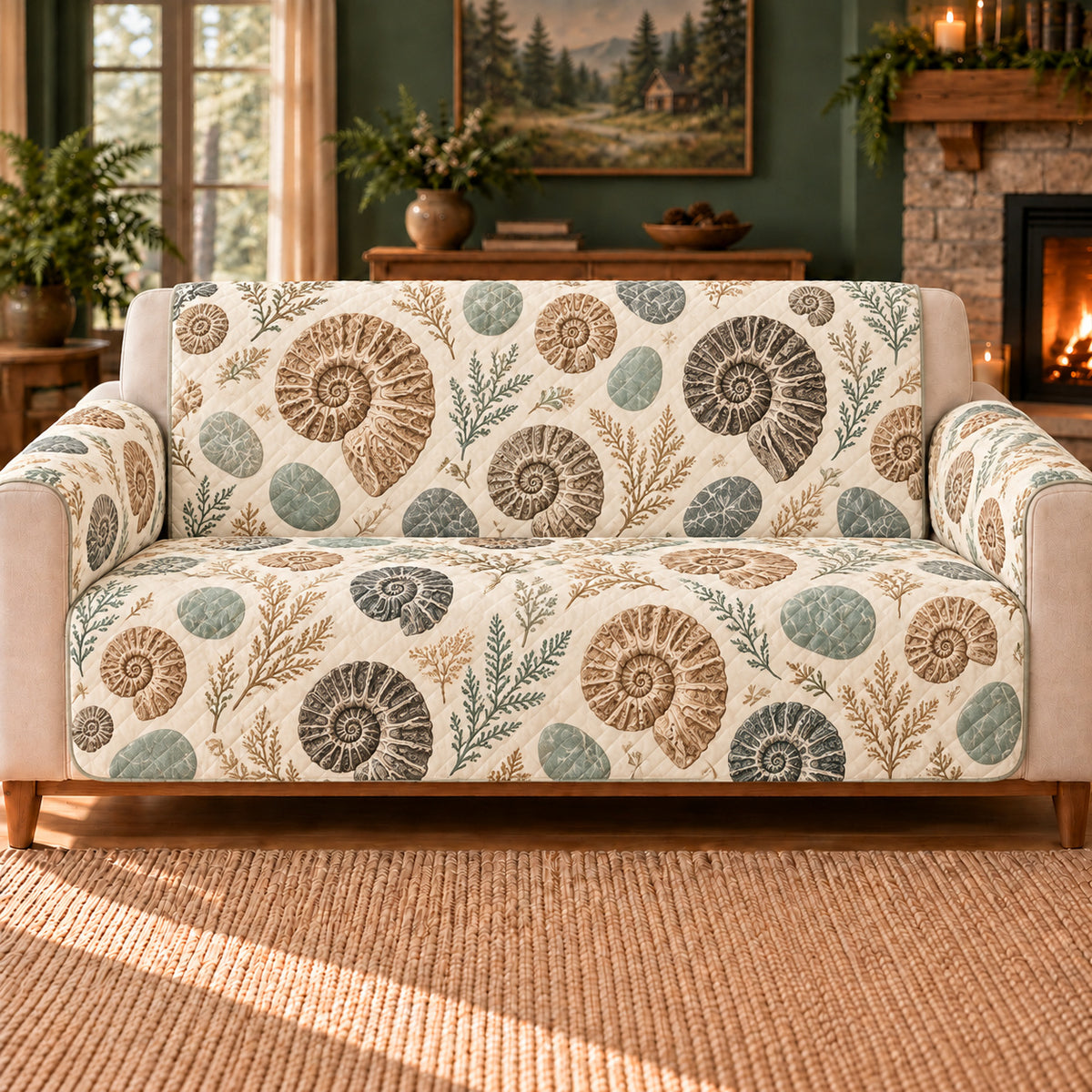 Ammonite Spiral Repeat sofa cover on a beige sofa