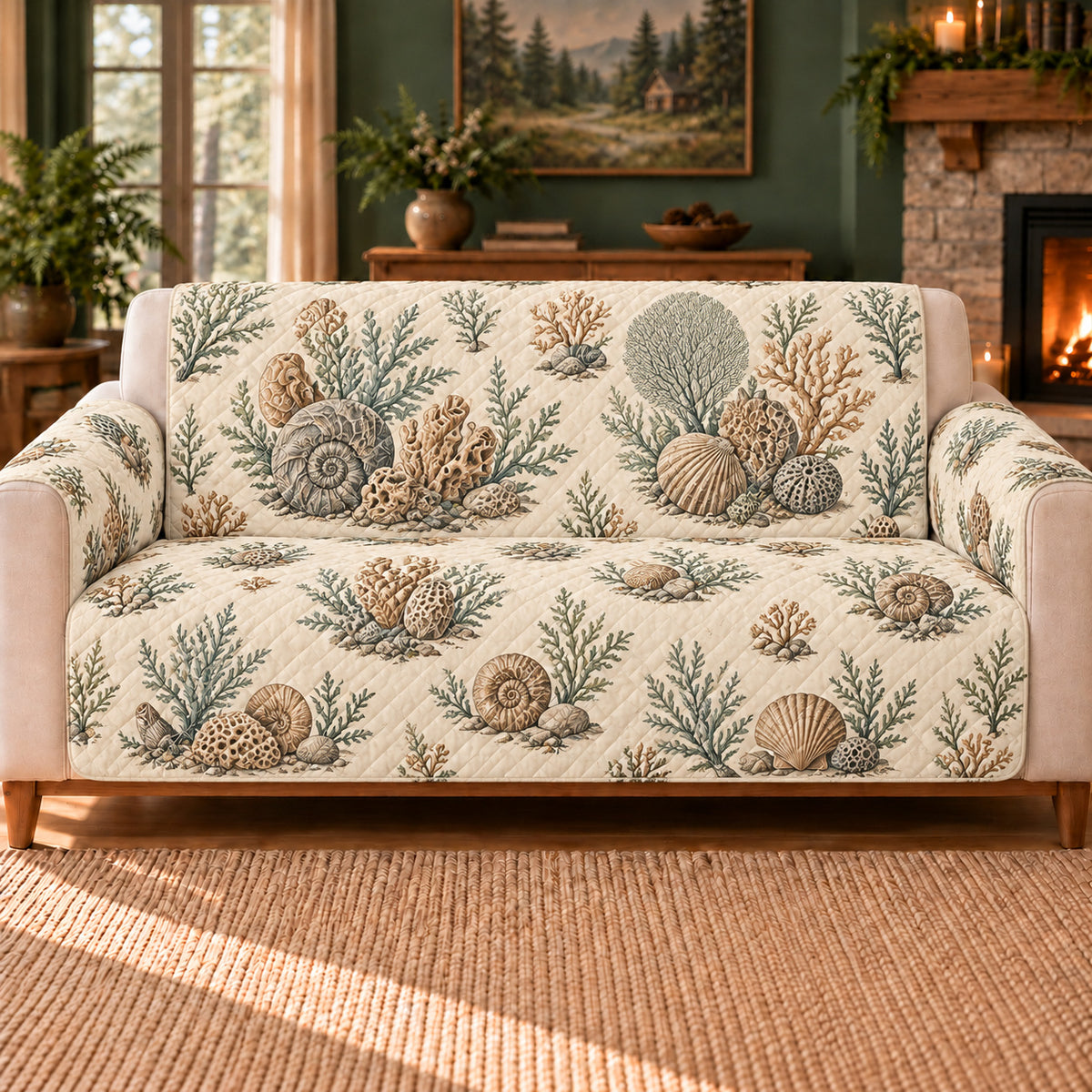 Ancient Reef Sprigs sofa cover on a beige sofa