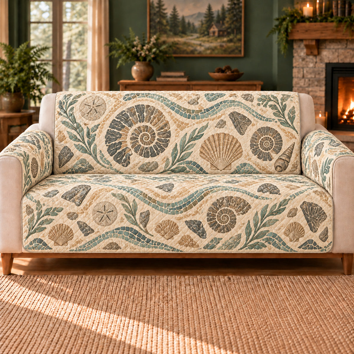 Ancient Shore Mosaic sofa cover on a beige sofa