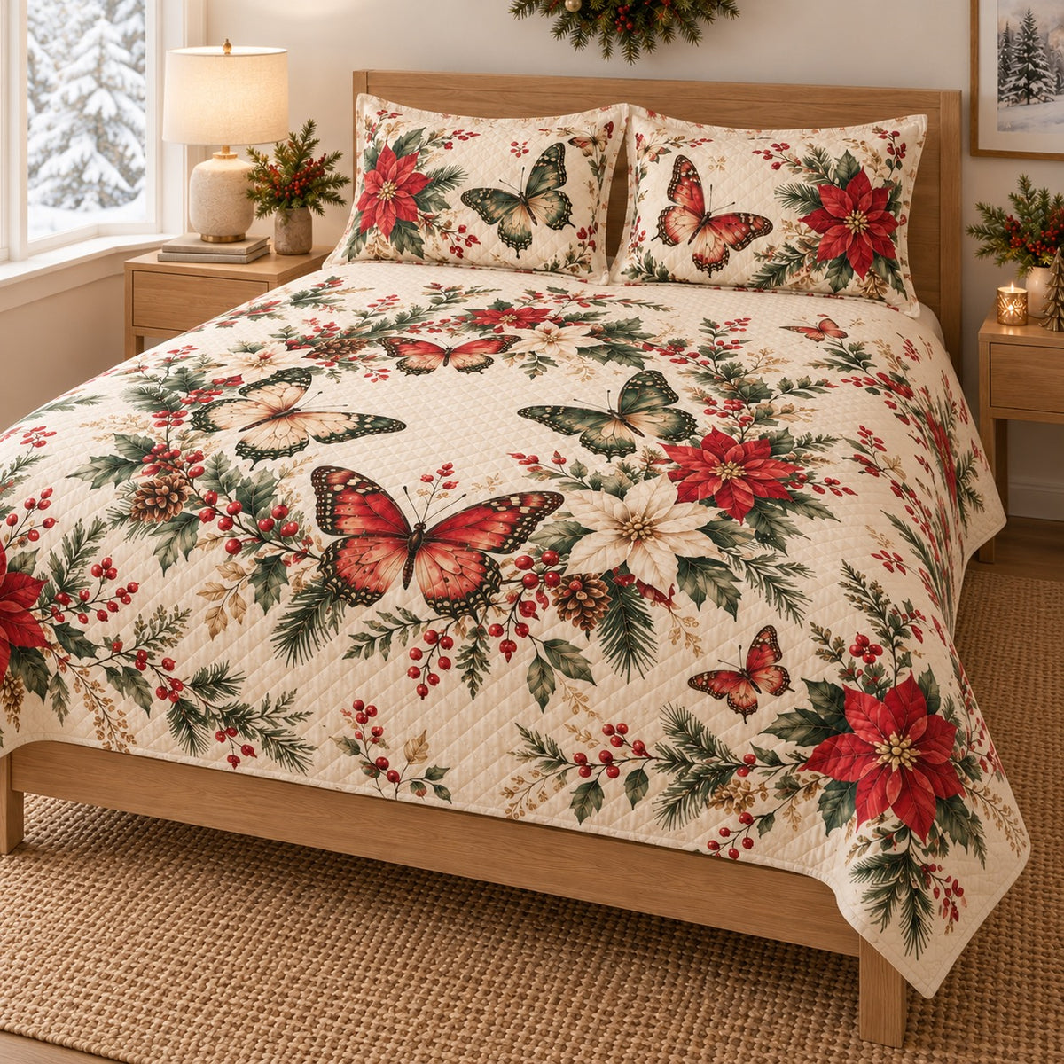 Christmas Watercolor Wings Butterfly Quilt Set, angled butterfly bedroom view